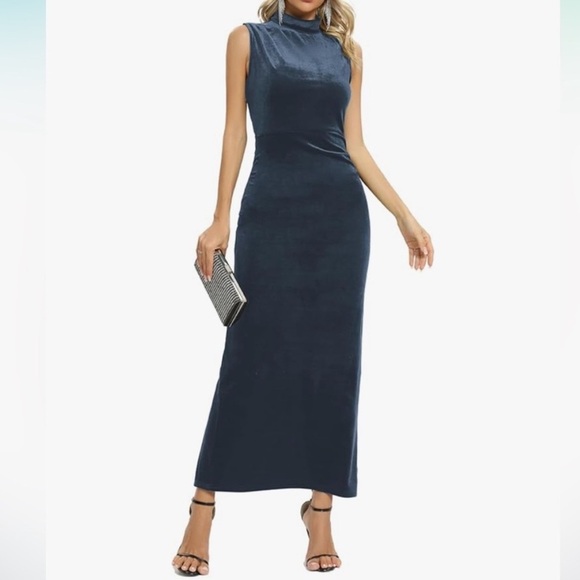 Backless Velvet Formal Bodycon Maxi Dress Denim Blue - Picture 3 of 6